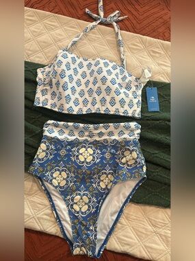 CupShe Blue & White Two-Piece High-Waist Swim Set